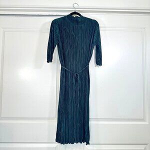 Forest Green Stretch Pleated Midi Mock-Neck & Self-tie belt (Size US 2-8)